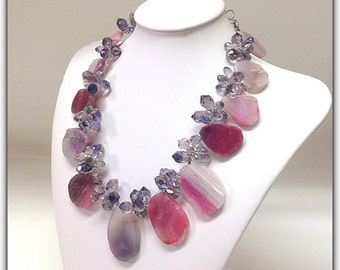 Pink Agate Crystals Statement Necklace