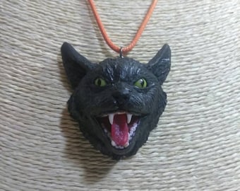 Angry cat necklace, hissing cat necklace, cat pendant, black cat, cat face, Halloween pendant, Halloween necklace Halloween jewelry