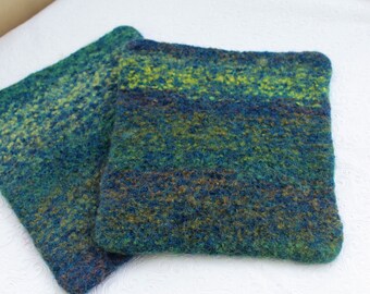 Set Blue Green Wool Felt Hot Pads Trivets, Blue Wool Pot Holder Set, Blue Green Knit Felted Trivet Set, Knit Felted Boiled Wool Trivet Set
