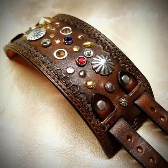 Leather cuff Bracelet Brown Jeweled, studded, stamped, Pirate Treasure cuff made for YOU in USA by Freddie Matara!