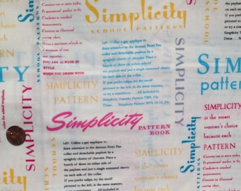 SIMPLICITY Pattern 100% Cotton Fabric ~ 2013 by Fabric Traditions ~ Fat Quarter / FQ