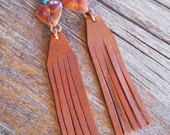 COPPER Heart Earrings - Tan Leather Fringe - Turquoise -Cowgirl Jewelry - Valentines Day Gift - Western Jewelry by Heart of a Cowgirl