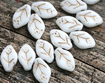12x7mm White leaf beads, Golden wash, Czech glass pressed leaves - 25Pc - 1912