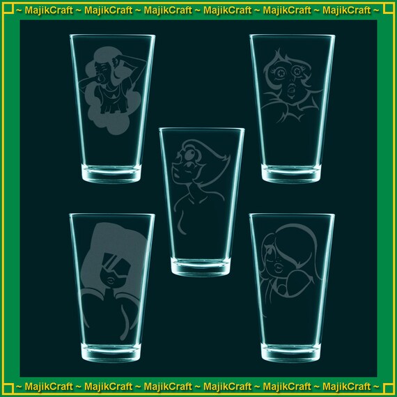 In this listing, you get any FOUR pint glasses from the drop down list. Dont let your drinking Gems get lonely!  (This will definitely save you shipping, and you MIGHT save even more! Rose, Peridot, Lapis Lazuli, and Stevonnie are regularly marked at $15 each, not $12 each. Buy in bulk and