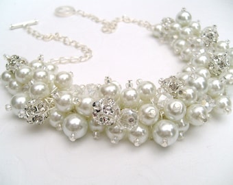 White Pearl and Rhinestone Beaded Necklace, Bridal Jewelry, Cluster Necklace, Chunky Necklace, Bridesmaid Gift, Pearl Crystals Kim Smith