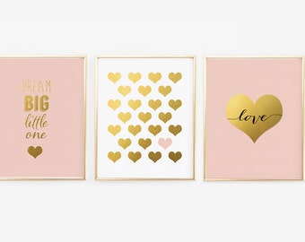 Pink Nursery Wall Set of 3 - Faux Gold Foil Print, Pink and Gold Wall Art, blush Nursery prints, dream big little one, Gallery (1350-3)