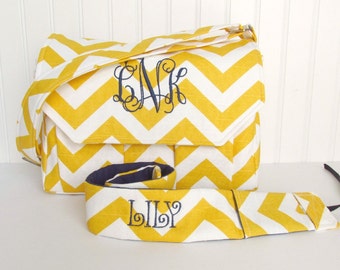 Personalized Chevron Padded Compact Camera Bag in Yellow and Navy with Camera Strap Digital Canon Rebel T3i EOS 55mm Monogrammed Camera Bag