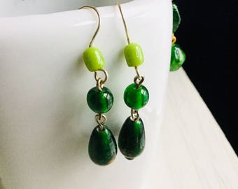 Green earrings with glass beads