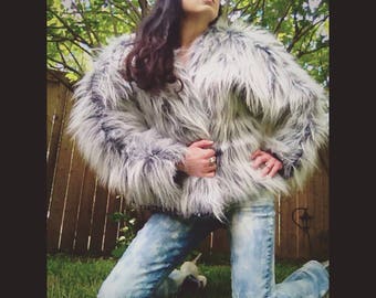 Sale! Handmade reversible sustainable grey ombre faux fur bomber with star lining size L