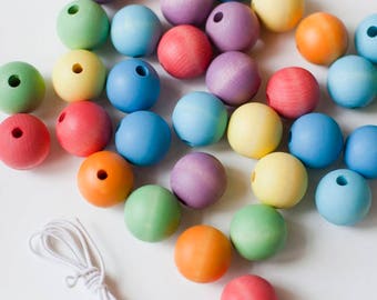 Lacing beads | Wood beads | Rainbow beads | Wooden beads | Waldorf toy | Fine motor skills
