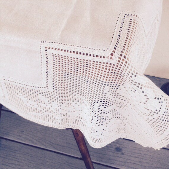 Charming Vintage Linen and Homemade Lace Tablecloth