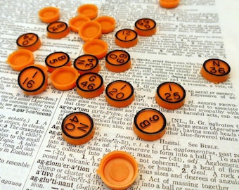 Vintage Orange Bingo Pieces, 25 Plastic Numbered Disks, 1981 Call Numbers, Mix Media Art, Assemblage, Altered Art, Craft Project, Journals