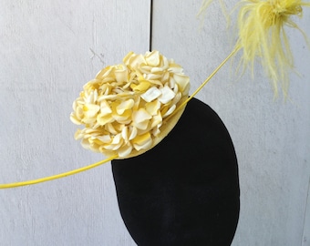 Fascinator--Yellow Sinamay, Flowers--" Olivia" - Kentucky Derby- Wedding - Church-Women- Hat- Couture
