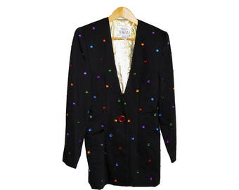 vintage black 1980s evening jacket with gold lining and multi-colour applique detail perfect for the Holidays and Christmas