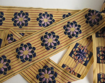 ZINNIA on PINSTRIPES embroidered fabric Jacquard trim in Navy ,lavender, wine red, on deep ecru. High end selection. 2 inches wide. 911-A