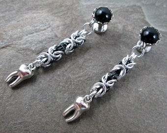 Dangle Plugs - 10g - 8g - 6g - 4g - 2g - 0g - Tooth Gauges - Creepy Plugs - Chainmaille Jewelry - Halloween Plug Earrings