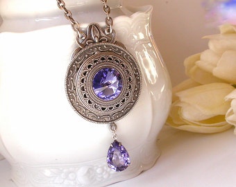 Tanzanite Swarovski Crystal Necklace - Victorian Silver Pendant - Victorian Gothic Jewelry