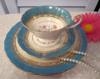 Tea Cup Trio, Vintage Tea Cup Saucer and Cake Plate, Fine Bone China, English China, Elizabethan English Tea Set, Blue and Gold Cake Plate