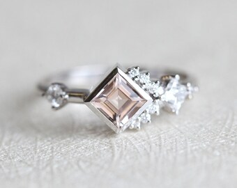 Engagement Ring, Diamond Cluster Ring, Cluster Engagement Ring, Morganite Engagement Ring, Morganite Diamond Ring, Princess Cut Ring