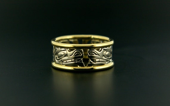 Sterling Haida Ring with 14k Yellow Gold Rails Hand-Carved