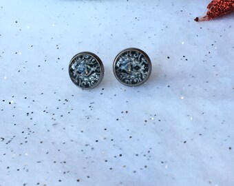 Mandala Cabochon Zen, Black White Earring, Geometric Jewelry, Bohemian Gypsy, Small Flower Zen, Yoga Earring, Glass Dome Cabochon, Mandala