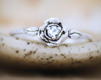 Rainbow Moonstone Engagement Ring - Sterling Silver Moonstone Ring - Rose Promise Ring- Nature-Inspired Botanical Ring- June Birthstone Ring