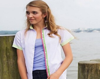 The Preppy Elephant Short Sleeve Oxford Shirt w/ribbon detail