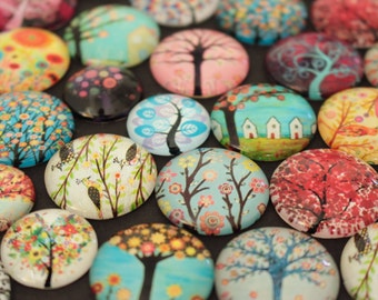 Mixed Size Tree Glass Magnet Set, 20mm & 25mm Strong Glass Magnets, Tree of Life Magnets, Nature Magnets, Fridge Magnet, Flower Magnets