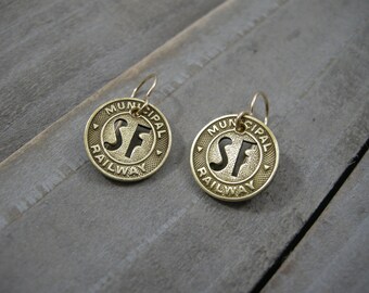 San Francisco bus token earrings, SF Municipal Railway subway token earrings, bus fare, 14K gold fill ear wires, MUNI earrings, pierced