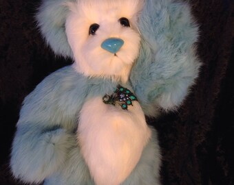 OOAK Real Teal and White Rabbit fur panda bear