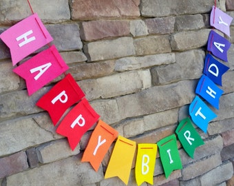 Happy Birthday Banner on Rainbow Felt with Baker's Twine