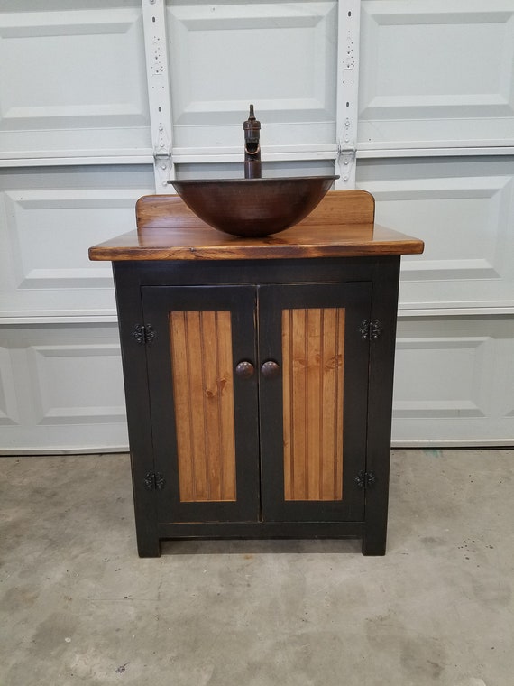Rustic Bathroom Vanity - 30" - Farmhouse - Vessel Copper Sink - Pump Faucet - Bathroom Vanity with Sink - Sink & Faucet included in price