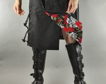 Knee Length Black Drill Kilt, w/detachable sporran. Skull and Rose Lined panels. Fetish, Kink, BDSM, Utility Kilt, alternative clothing
