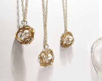 Yellow Gold Pearl Bird's Nest Necklaces