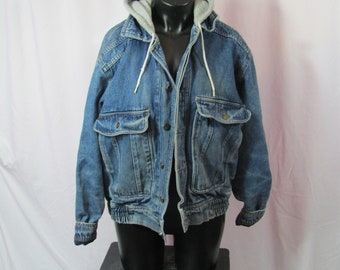 Awesome Vintage 90s Heavy Insulated Warm DENIM Jean Jacket Hooded Denim Coat Jacket Big Pockets