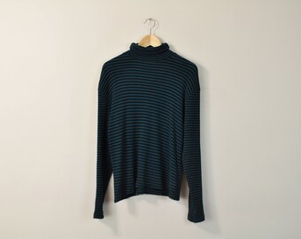 90s Striped Turtleneck, Vintage 90s Blouse, Long Sleeve Shirt, Basic Striped Top, Oversized Turtleneck, Waffle Weave Shirt, Fall Sweater