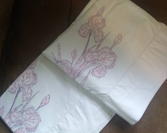 Vintage pillowcase pair flowers pink liquid embroidery