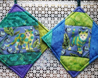 Cats Tabby Road Tula Pink Blue Green Potholder Set