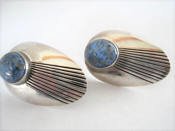 Sterling Blue Earrings, Signed LEX, Blue Stone Inlaid, Hollow Sterling, Pierced Earrings