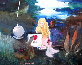 REDUCED PRICE ===== Original Watercolor by W. J. Watson, "Diver making a valentine for his Mermaid"
