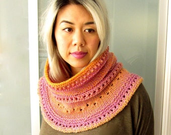 Women Wool Knit Hoodie Cowl Scarf - Lavender and Orange Variegate Striping