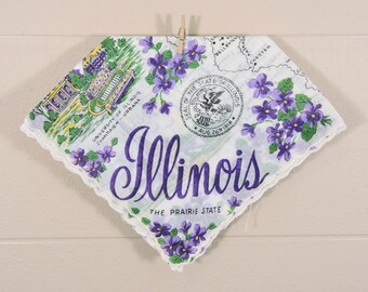 Illinois Vintage Hankie / Illinois Souvenir Hanky / Purple Illinois State Hankie