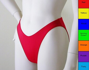 80s 90s High Leg Bikini Bottom with Moderate Coverage in Orange, Yellow, Blue, Red, Purple, Turquoise, Green