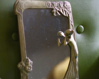 Vintage Art Nouveau Brass Through The Looking Glass Mirror