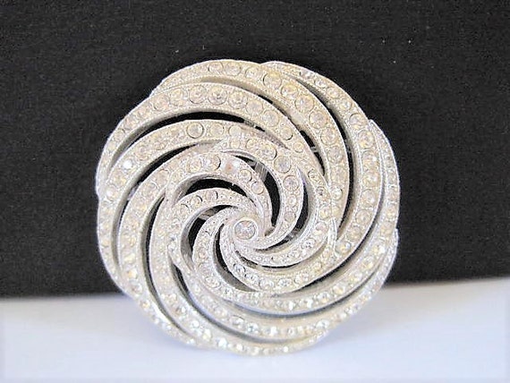 Clear Rhinestone Brooch, Atomic Swirl, Signed ORA, Rhodium Setting, Vintage Pin