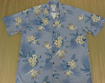 Vintage Hawaiian Shirt 80s HO ALOHA Flower Bird of Paradise Plumeria Luau Surfer Beach Party Mens - L - Oahu Lew's Shirt Shack