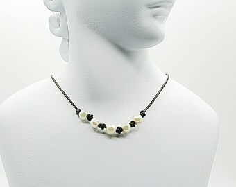 Leather Pearl choker necklace - knotted pearl necklace - leather necklace - gift under 50 for her