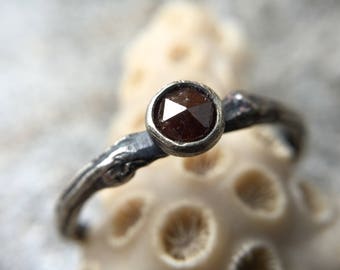 Dark Red .30ct Rose Cut Diamond Engagement or Promise Stack Ring Size 5 in 925 Sterling Silver Twig / Branch Botanical Band Conflict Free