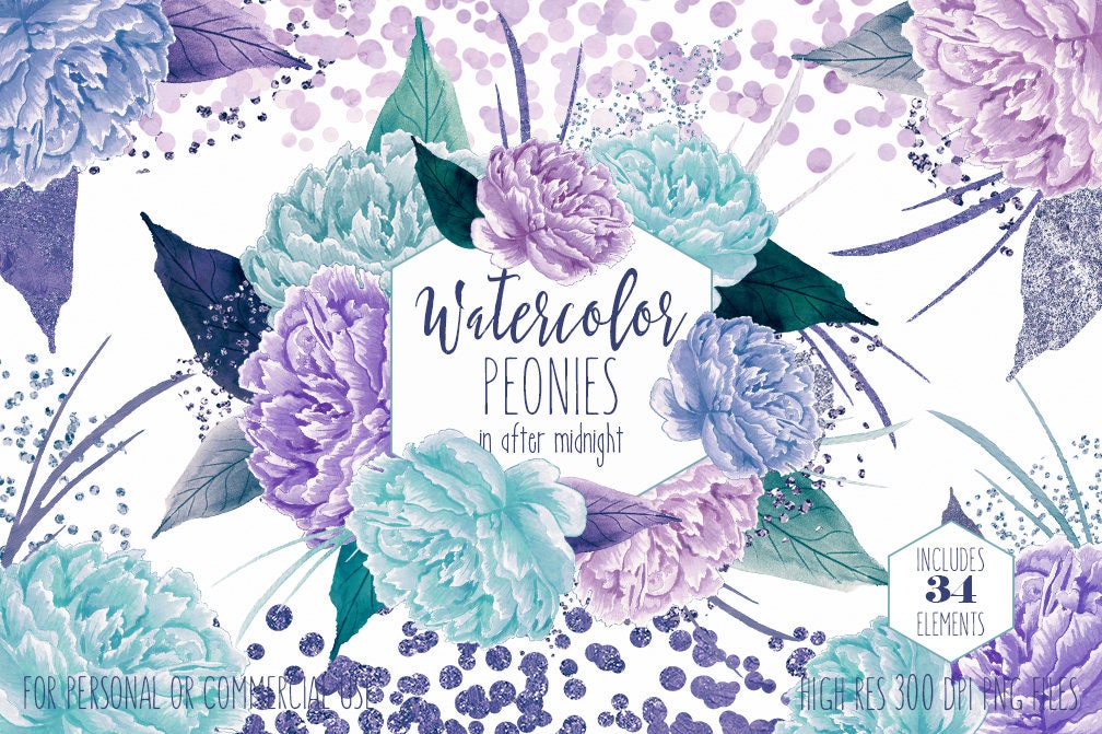 TEAL & PURPLE FLORAL Clipart Commercial Use Clip Art