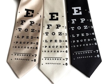 Eye Chart necktie. Vintage inspired optometrist men's tie. Hand silkscreened necktie. Eye doctor gift, ophthalmologist gift, optician gift.